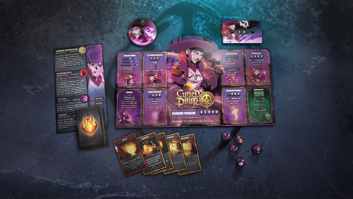 Dice Throne Cursed Pirate and Artificer game featuring character cards and dice from Roxley in a colorful tabletop setup.