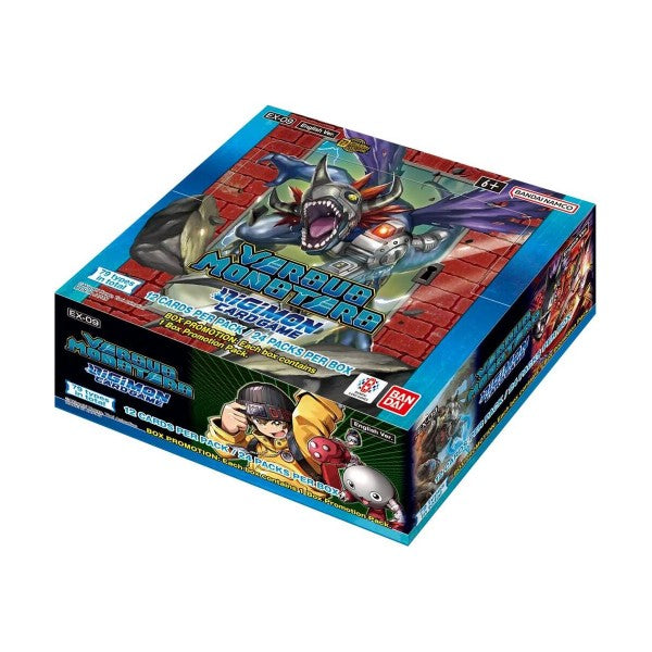 Bandai Digimon Versus Monsters Booster Box with colorful trading cards in packaging, featuring Digimon characters.
