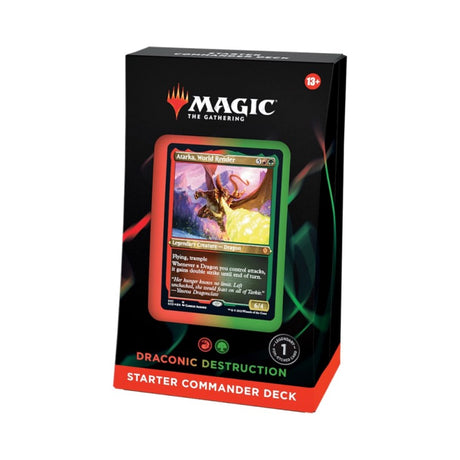 Draconic Destruction Starter Commander Deck by Wizards of the Coast featuring dragon-themed cards for Magic: The Gathering.