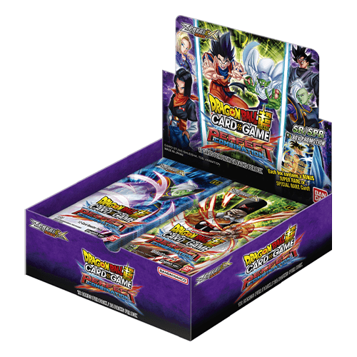 Bandai Dragon Ball Super Perfect Combination Booster Box featuring vibrant Dragon Ball character artwork and booster packs.