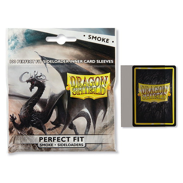Dragon Shield Smoke Perfect Fit Sideload Sleeves for card protection, showing dark translucent card sleeves in a close-up view.