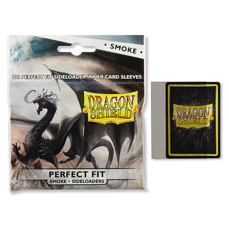 Dragon Shield Smoke Perfect Fit Sideload Sleeves for card protection, showing dark translucent card sleeves in a close-up view.