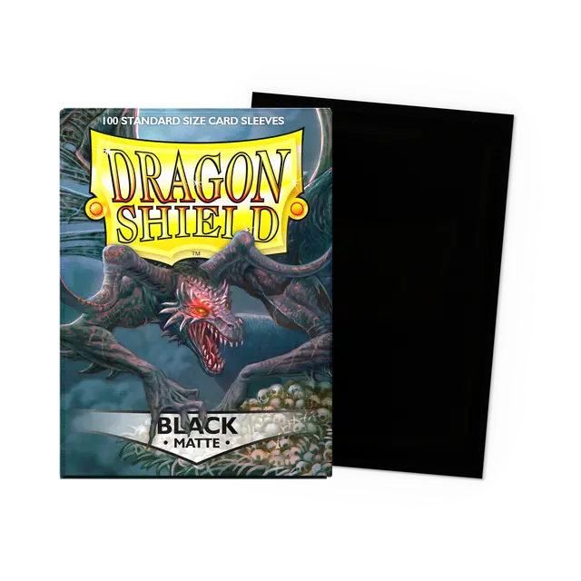 Dragon Shield matte black standard card sleeves, durable protective sleeves for trading cards, shown in a close-up image.