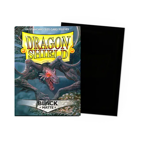 Dragon Shield matte black standard card sleeves, durable protective sleeves for trading cards, shown in a close-up image.