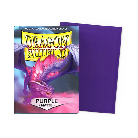 Purple matte Dragon Shield standard card sleeves, durable protective card supplies for trading card games.