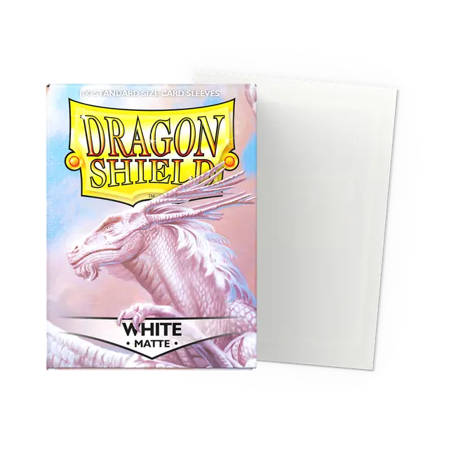 Dragon Shield matte white standard card sleeves for protection and smooth handling, featuring a sleek matte white finish.