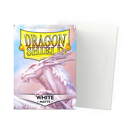 Dragon Shield matte white standard card sleeves for protection and smooth handling, featuring a sleek matte white finish.