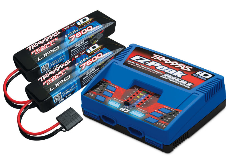 Traxxas EZ-Peak dual charger with two 7600mAh 2S LiPo batteries for RC vehicle charging.