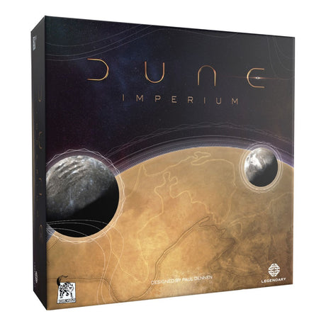Dune: Imperium board game by Dire Wolf featuring detailed game box art with desert and futuristic elements.