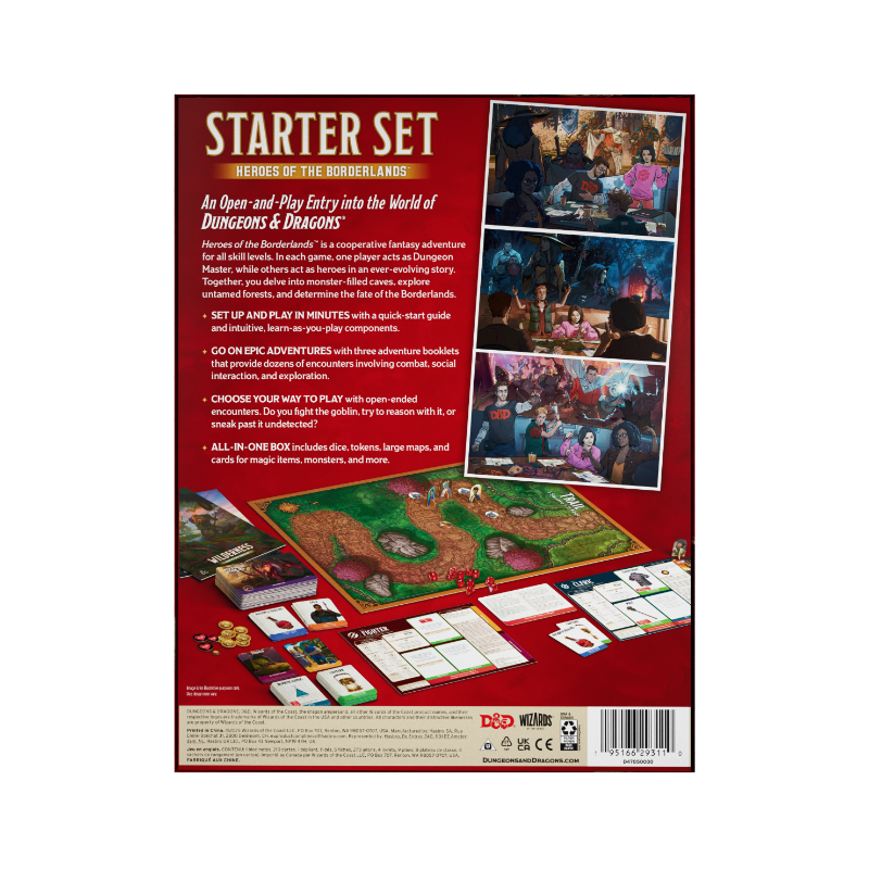 Dungeons and Dragons: Heroes of The Borderlands Starter Set box by Wizards of the Coast, featuring artwork of adventurers and dragons.