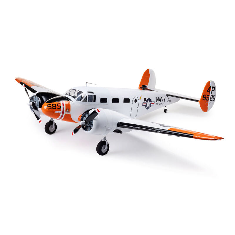 E-Flite Beechcraft D18/RC-45J 1.5m RC airplane with AS3X+ and SAFE stabilization system, shown in a detailed close-up image.