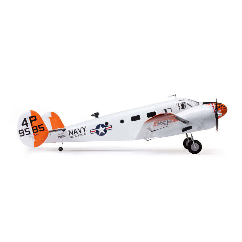 E-Flite Beechcraft D18/RC-45J 1.5m RC airplane with AS3X+ and SAFE, shown in a natural outdoor setting.