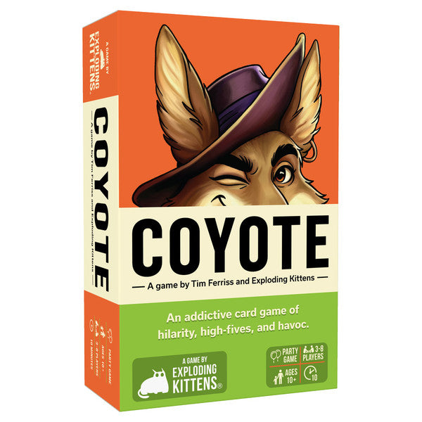 Exploding Kittens Coyote Game box with colorful artwork and game components displayed on the front.