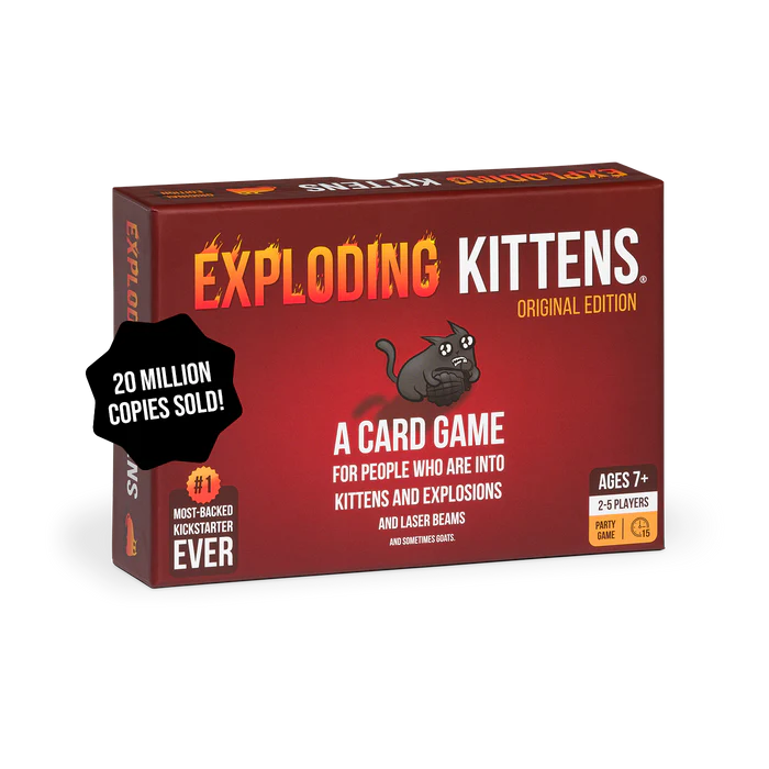 Exploding Kittens Original Edition card game box with colorful illustrations and playful artwork by Exploding Kittens.