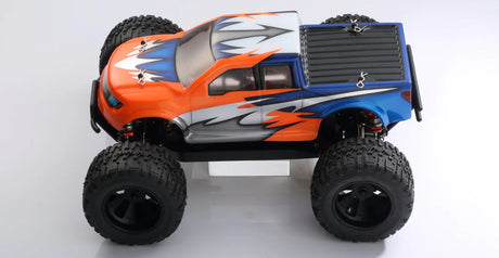 LC Racing EMB-MT 1/14 scale 4WD RTR monster truck with rugged tires and detailed chassis on a plain background.