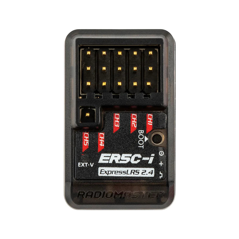 RadioMaster ER5C-i ELRS receiver with multiple antenna ports and LED indicator, shown in a close-up view.