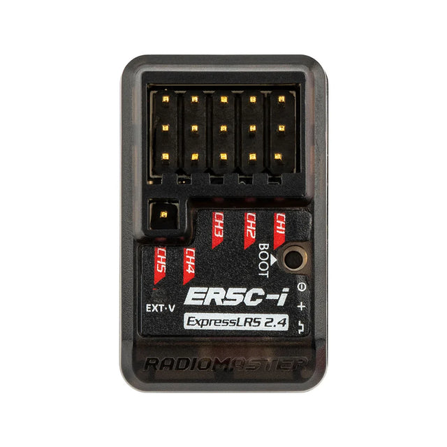RadioMaster ER5C-i ELRS receiver with multiple antenna ports and LED indicator, shown in a close-up view.