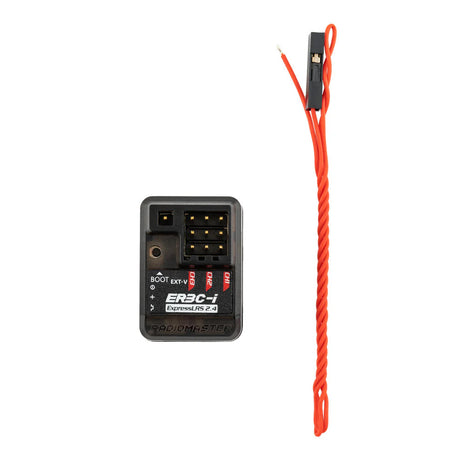 RadioMaster ER3C-i ELRS receiver with compact design and antenna, shown in a close-up image on a white background