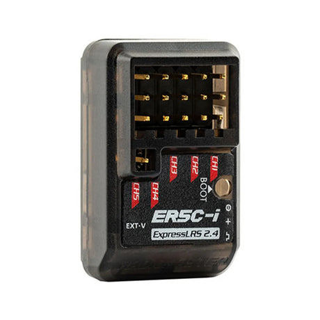 RadioMaster ER5C-i ELRS receiver with compact design, showing its connectors and antenna for drone or RC device.