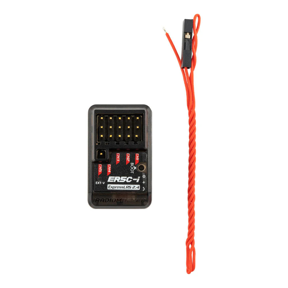 RadioMaster ER5C-i ELRS receiver with compact design and antenna, used for drone or RC hobby applications.