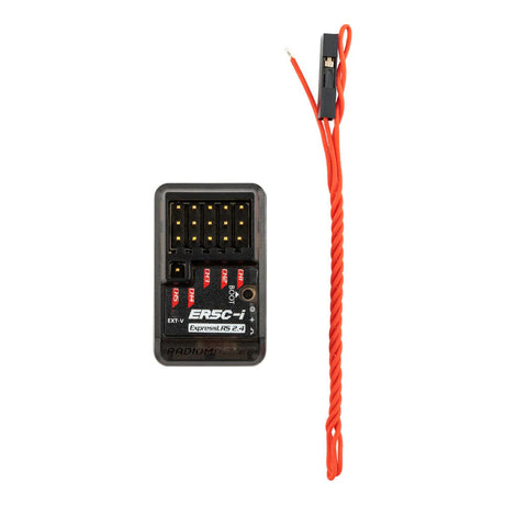 RadioMaster ER5C-i ELRS receiver with compact design and antenna, used for drone or RC hobby applications.