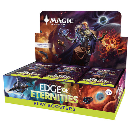 MTG Edge of Eternities Play Booster Box by Wizards of the Coast featuring colorful artwork and booster packs for the card game.