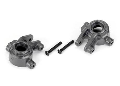 Pair of gray Traxxas heavy-duty steering blocks for RC cars, designed for durability and precise steering control.