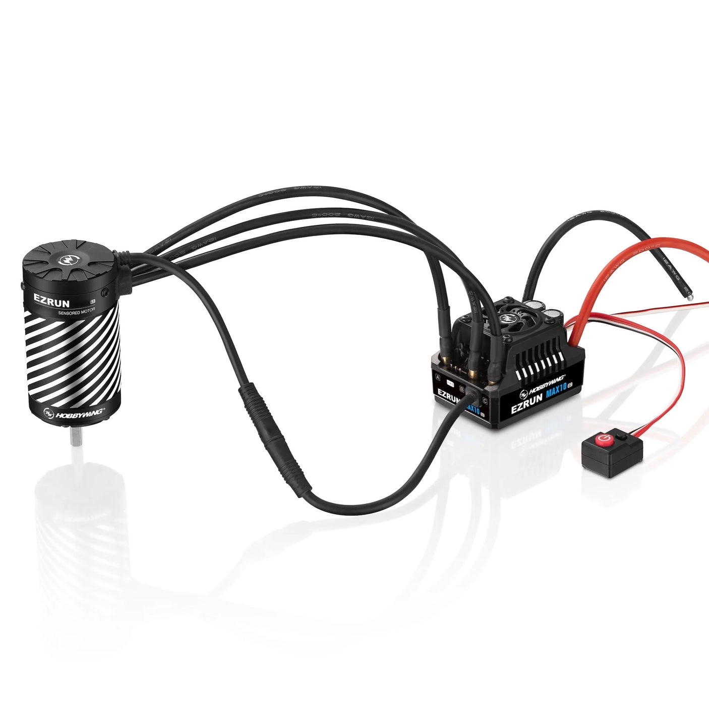 Hobbywing EZRUN MAX10 G2 Combo ESC and motor set for RC cars on a black background with wiring and components visible.