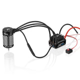 Hobbywing EZRUN MAX10 G2 Combo ESC and motor set for RC cars on a black background with wiring and components visible.