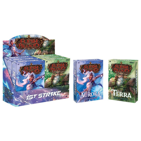 Flesh and Blood 1st Strike Deck of collectible trading cards by Legends Story Studios, featuring colorful card designs and game elements.