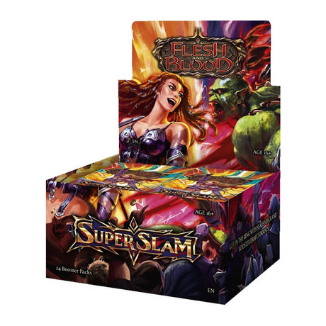 Flesh and Blood Super Slam Booster Box of collectible trading cards by Legends Story Studios, featuring colorful card artwork.