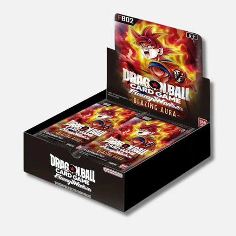 Bandai Dragon Ball Super: Blazing Aura Booster Box FB02 with colorful trading card packs and vibrant dragon-themed artwork