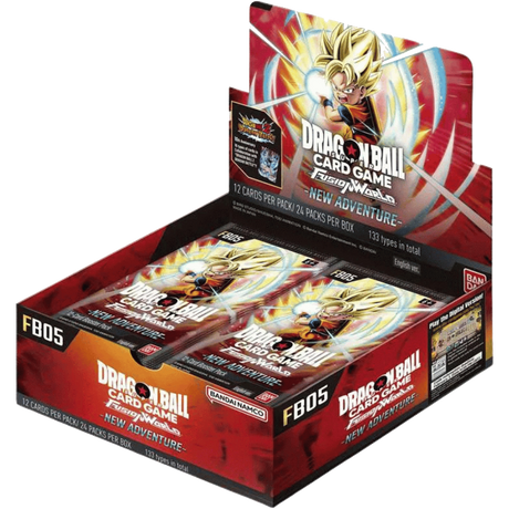 Bandai Dragon Ball Fusion World: New Adventure Booster Box (FB05) with colorful trading card packaging and artwork.