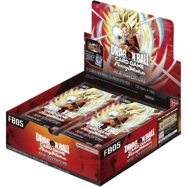 Bandai Dragon Ball Fusion World: New Adventure Booster Box (FB05) with colorful trading card packaging and artwork.