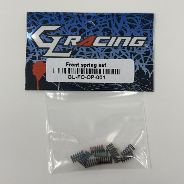 GL Racing Formula One front spring set showing four coil springs with metal mounts, designed for high-performance racing vehicles.