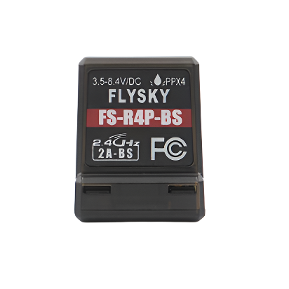 LC Racing Flysky FS-R4P-BS 2.4GHz receiver with four channels and binding button, shown on a white background.