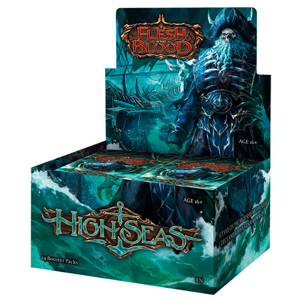 Flesh and Blood High Seas Booster Box of collectible trading cards from Legends Story Studios, featuring colorful ocean-themed card art.