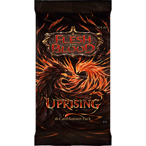 Flesh and Blood Uprising Booster Pack of collectible trading cards from Legends Story Studios, featuring colorful card artwork.