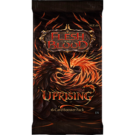 Flesh and Blood Uprising Booster Pack of collectible trading cards from Legends Story Studios, featuring colorful card artwork.