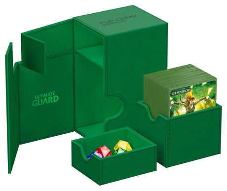 Green Ultimate Guard Flip'n'Tray 100+ Xenoskin card storage and organizer for trading cards with durable Xenoskin material.