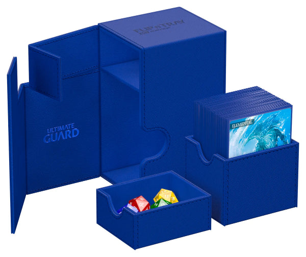 Ultimate Guard Flip'n'Tray 100+ Xenoskin card storage tray in sapphire blue, designed for organizing trading cards securely.