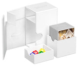 White Ultimate Guard Flip'n'Tray 100+ Xenoskin card storage tray with secure lid and anti-slip surface for collectible cards.