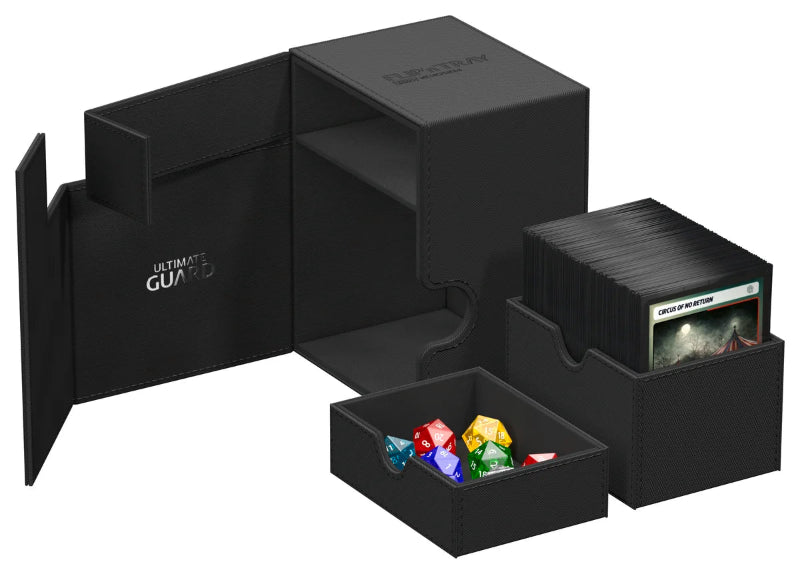 Black Ultimate Guard Flip'n'Tray 133+ card storage tray with Xenoskin exterior for secure card organization.