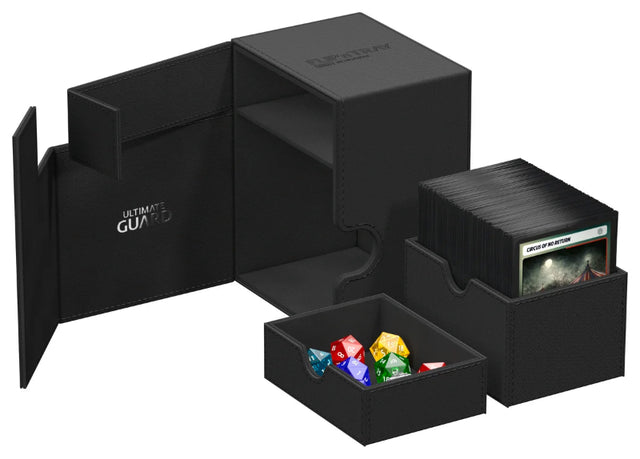 Black Ultimate Guard Flip'n'Tray 133+ card storage tray with Xenoskin exterior for secure card organization.