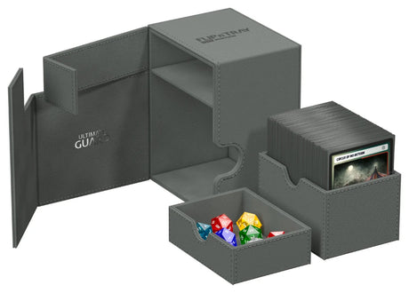 Ultimate Guard Flip'n'Tray 133+ card storage tray with Xenoskin surface in grey, designed for organizing trading cards.