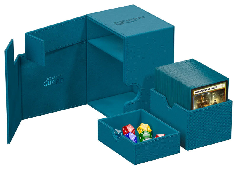 Ultimate Guard Flip'n'Tray 133+ card storage tray with Xenoskin exterior in petrol color, designed for organizing trading cards.