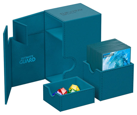 Ultimate Guard Flip'n'Tray 80+ Xenoskin card storage tray in petrol color, designed for organized card game collection storage.