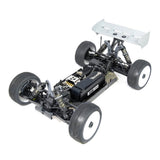 Tekno EB48 2.2 1/8th 4WD electric buggy kit with an elevated body and front driver view, showcasing the detailed chassis.