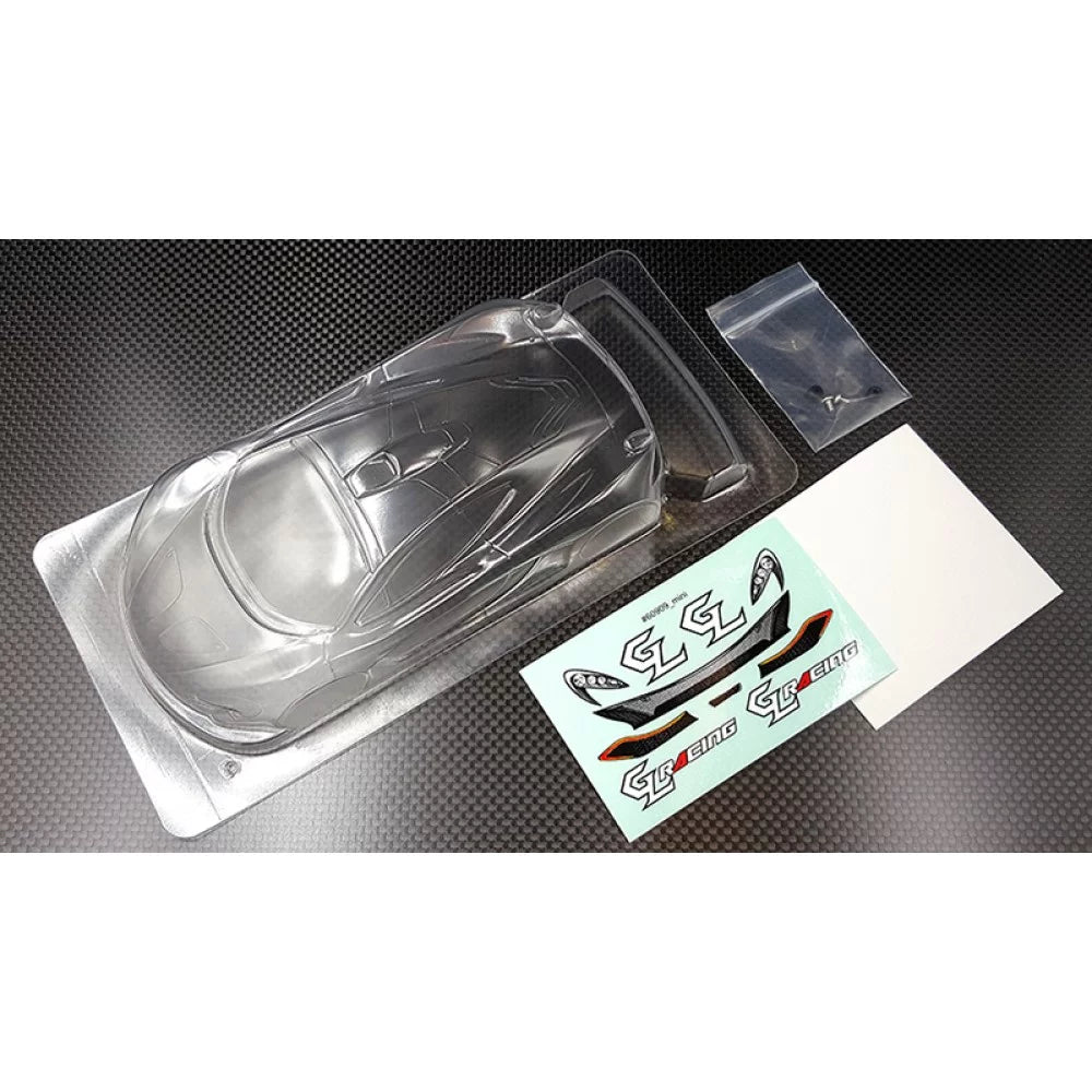 GL Racing 1/28 P1M Lexan RC car body, 98mm scale, clear transparent material, lightweight and durable for racing.