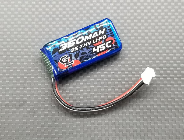 GL Racing 360mAh 7.4V 45C 2S LiPo battery for RC cars, shown in the image with connectors and packaging.